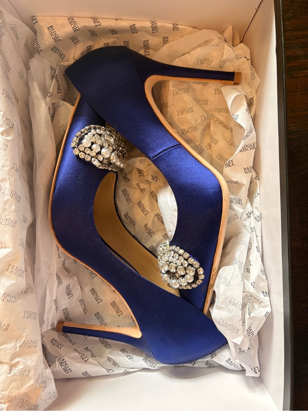 🚨FLASH SALE!!!🚨
Navy Blue Badgley Mischka Navy Satin Crystal-Embellished Pumps
